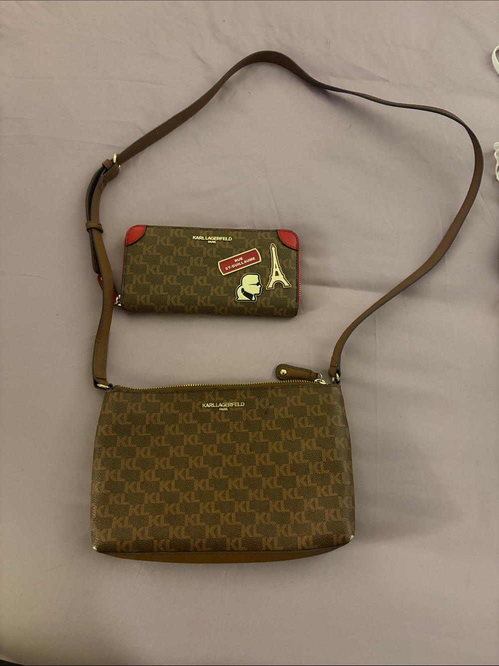 Karl Lagerfeld Brown Logo Crossbody Bag with Red Accent Wallet